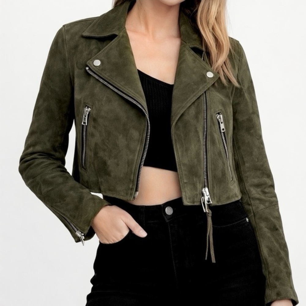 All Saints Suede Green Dalby Cropped Long Sleeve Jacket XS (2)
